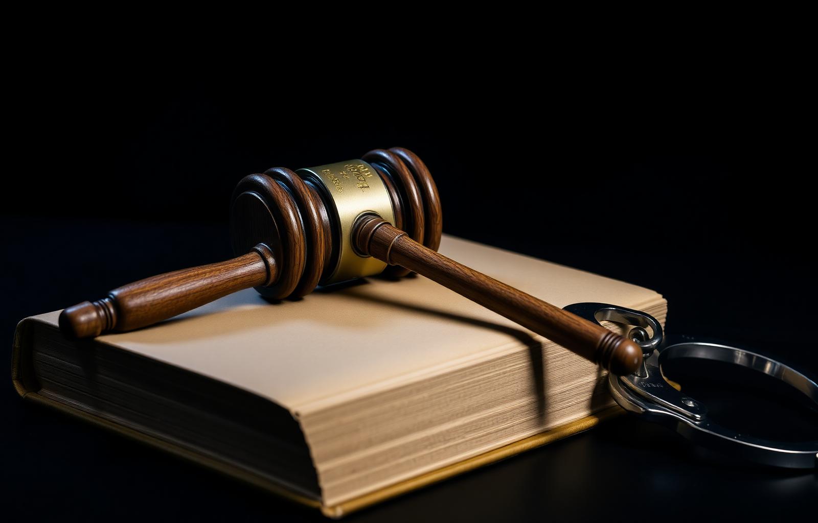 Gavel, law book and handcuffs